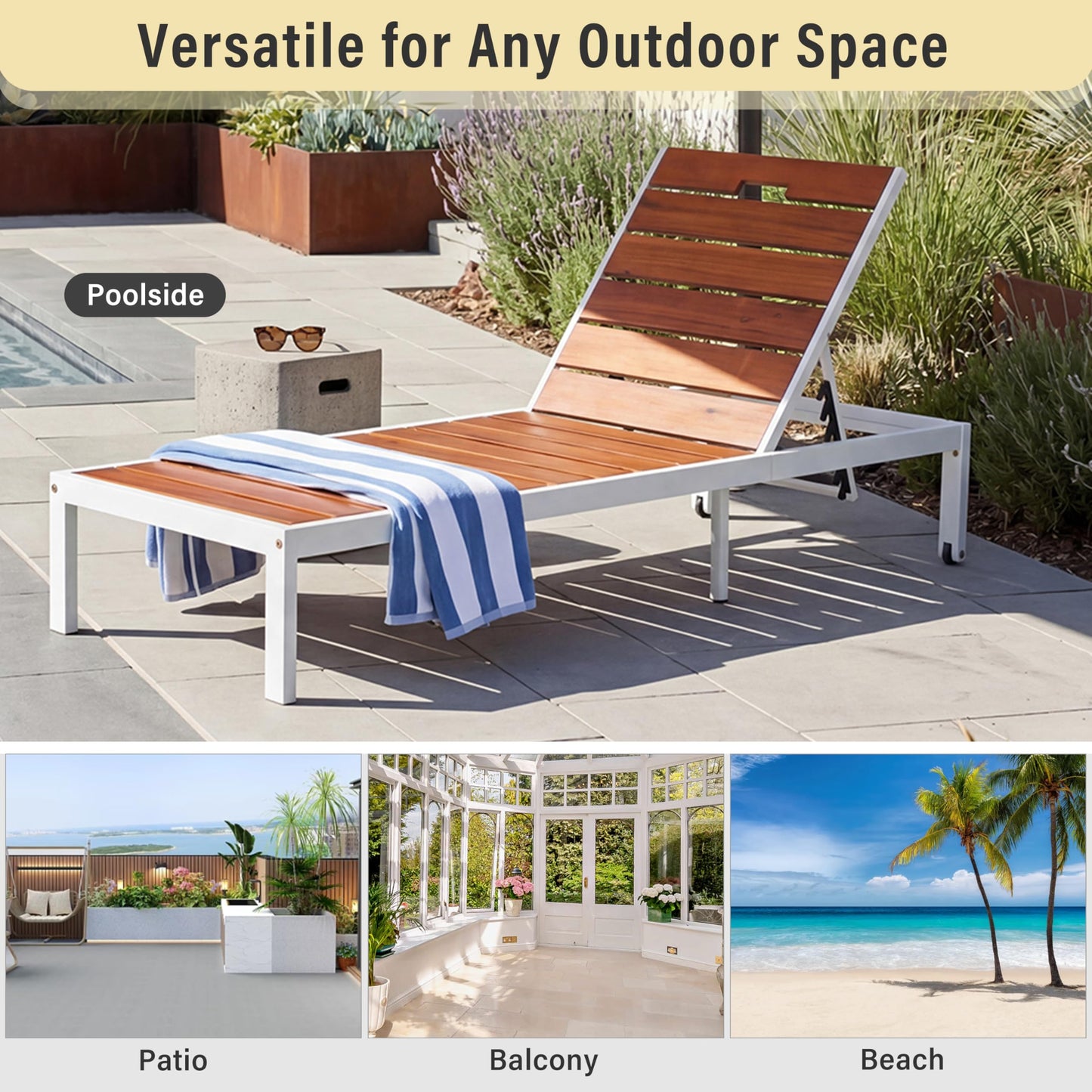 ApilithHive Outdoor Chaise Lounge with 6-Position Adjustable Backrest, Acacia Wood and Steel Frame, 78.7", 400 lbs Capacity, White and Brown