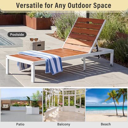 ApilithHive Outdoor Chaise Lounge with 6-Position Adjustable Backrest, Acacia Wood and Steel Frame, 78.7", 400 lbs Capacity, White and Brown