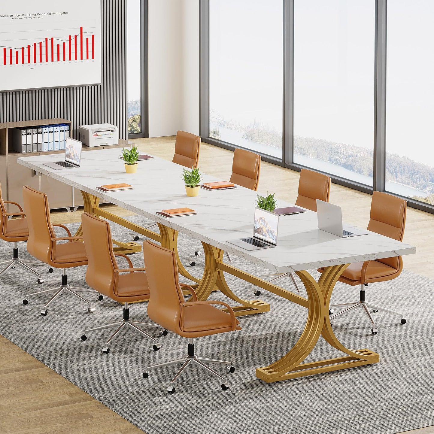 Tribesigns 10.5FT Conference Table, Modern Meeting Table for 8-10 People, Rectangle Seminar Boardroom Table for Office Conference Room with Stylish Legs (2, White + Gold)