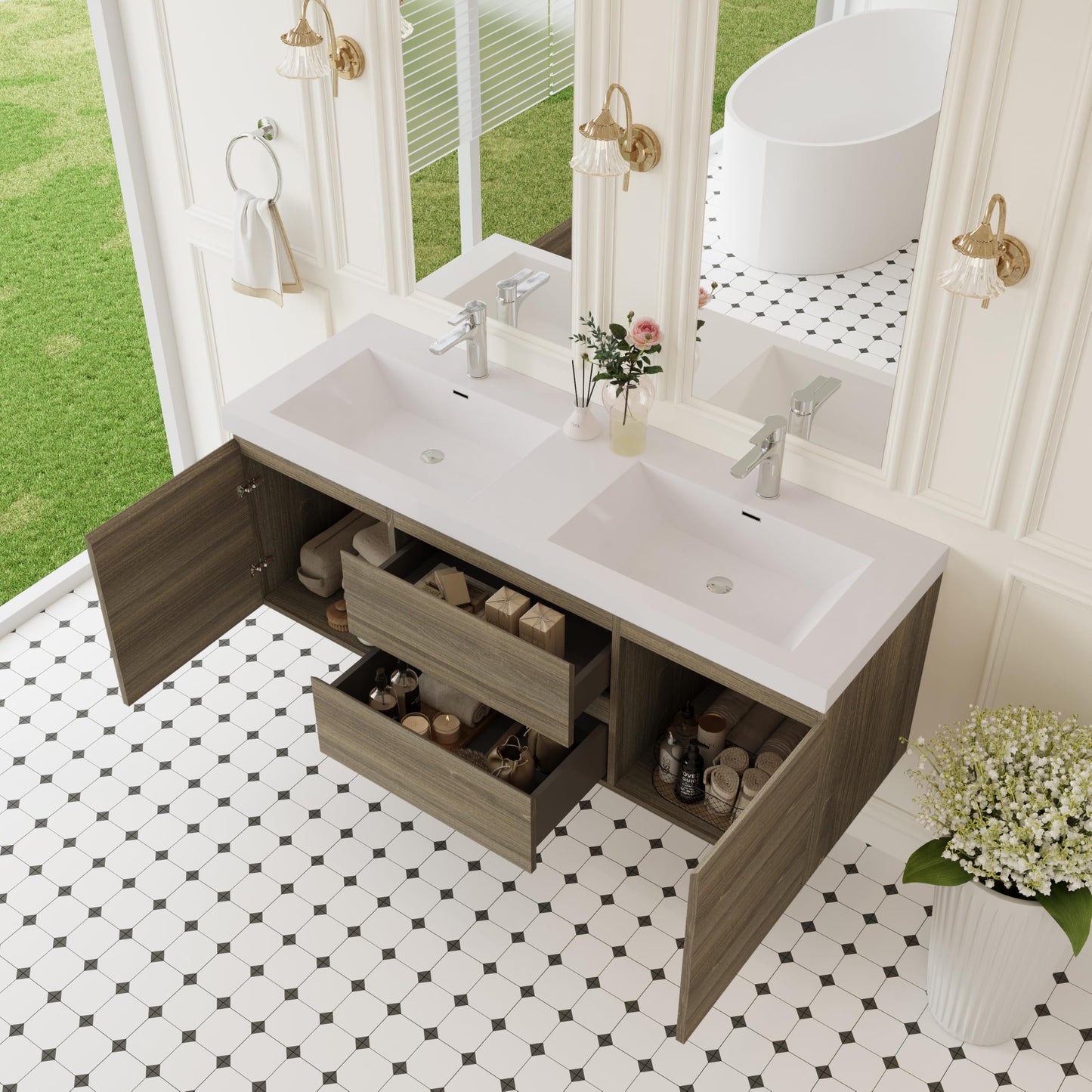 KEIKI 60'' Wall-Mounted Bathroom Vanity with Double Sinks - Floating Design, 2 Soft-Close Drawers & Doors & Resin Basin, Space-Saving for Small Bathrooms, Ash Grey