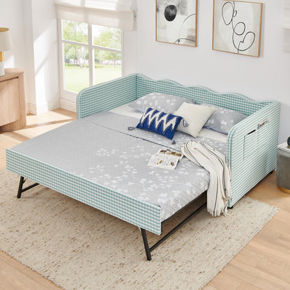 KEIKI Twin Size Upholstered Gingham Daybed with Trundle, Twin to King Design Adorable Wave Shaped Extendable Sofa Bed, Easy Assembly, No Box Spring Required, for Living Room & Bedroom, Cyan