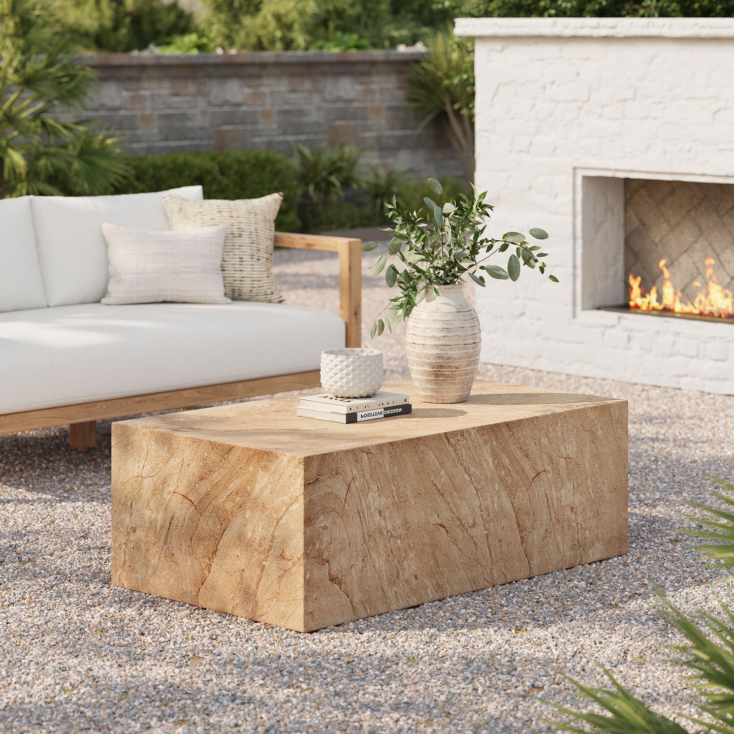 Modway Jordana 47 Inch Rectangle Concrete Coffee Table in Travertine – Plinth Coffee Table with Faux Stone Finish – Concrete Furniture Center Table for Living Room or Patio