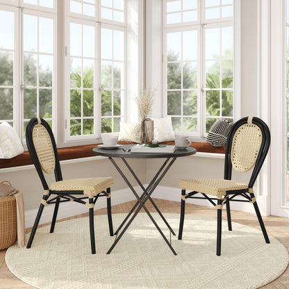 Flash Furniture Cannes Indoor/Outdoor Commercial Thonet Bistro Stack Chair - Natural PE Cane Rattan Back and Seat - Black Metal Frame - Set of 2