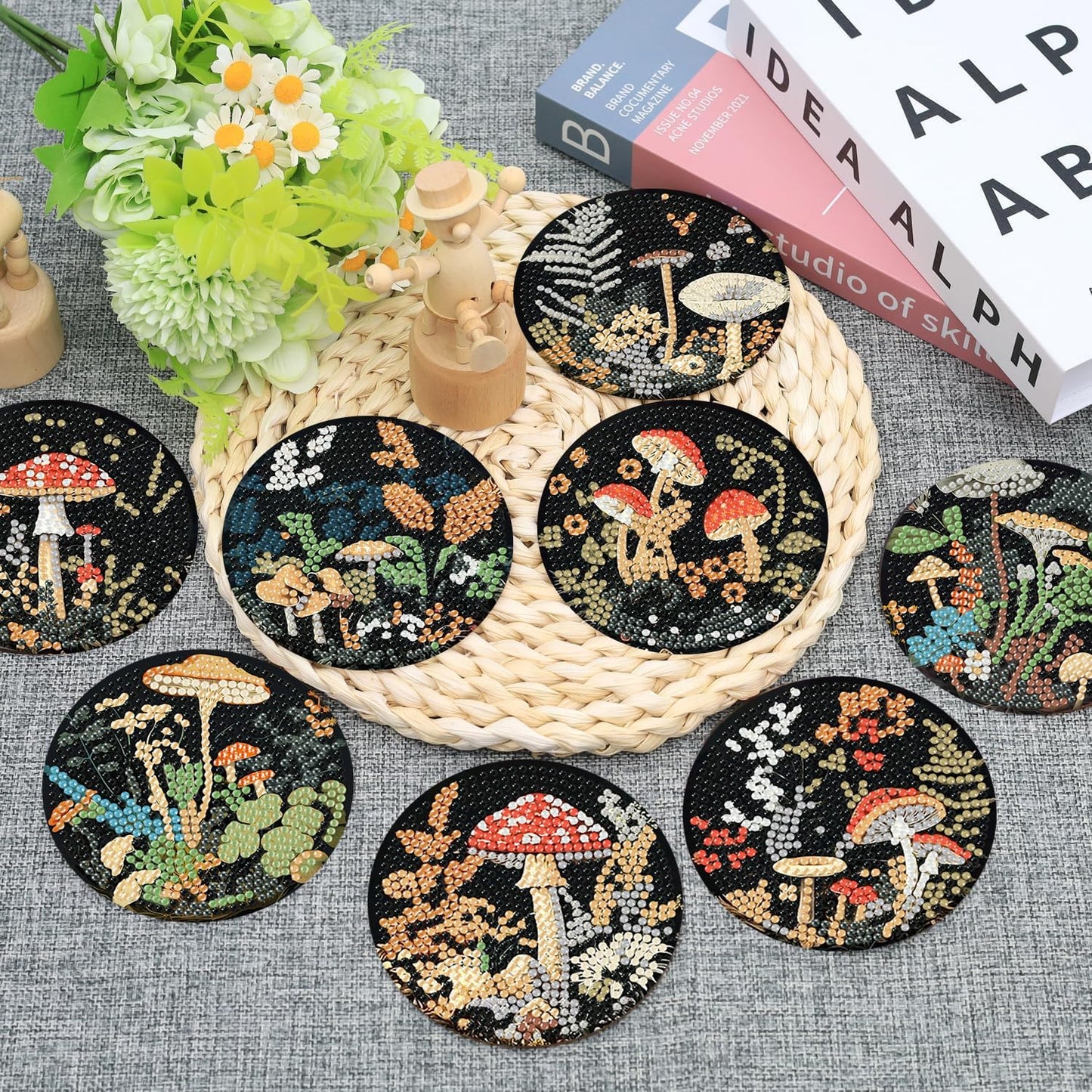 Ekuxom 8 Pcs Diamond Art Coasters Kit for Adults- Mushroom Forest Diamond Painting Coasters with Holder-DIY Crystal Full Drill Rhinestone for Crafts Gifts Adults Beginners