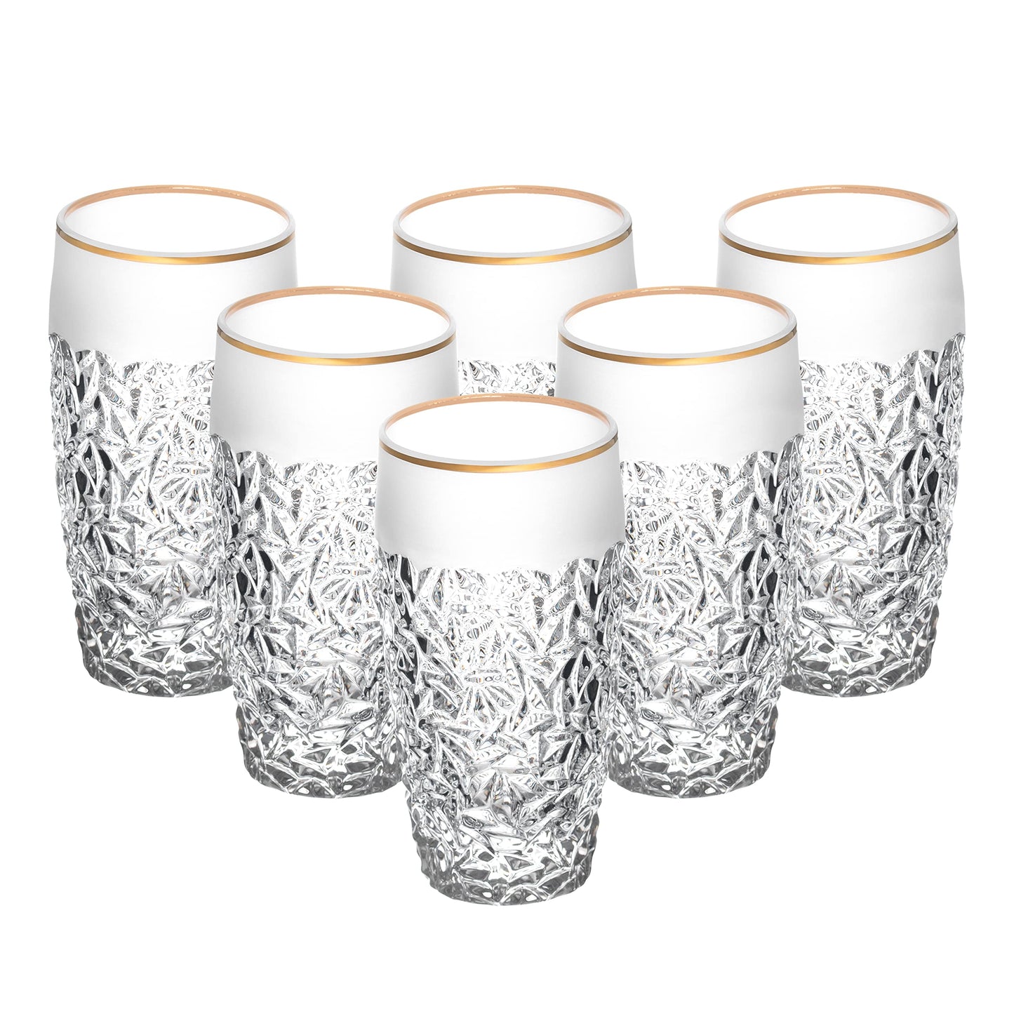 Barski - European Quality Glass - Crystal - Set of 6 - Highball - Hiball Tumblers - 16 oz. - Raindrop Design with Frosted Border and Gold Rim on Tumbler - Glasses are Made in Europe