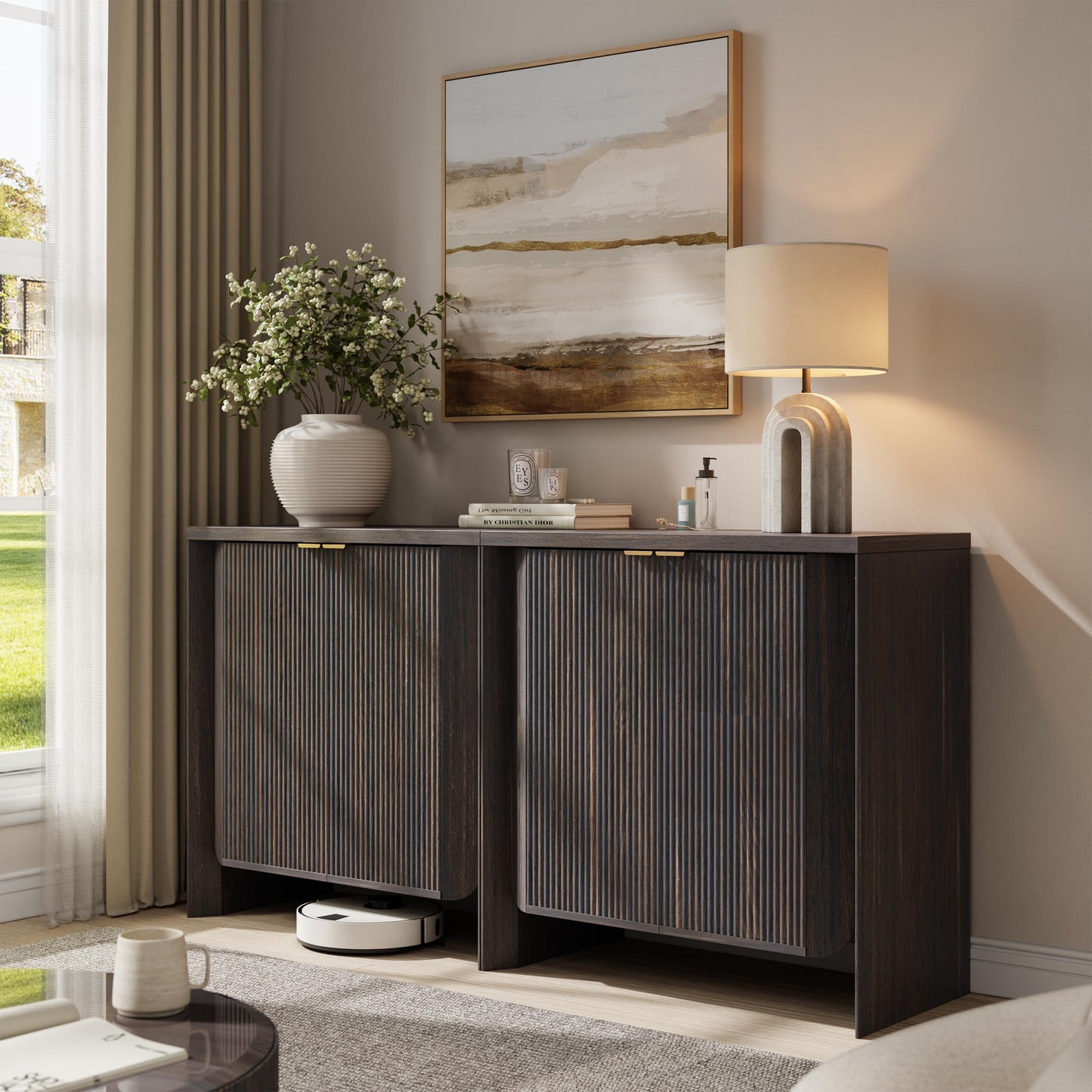 MorganBrig 63" W Walnut Sideboard Buffet Cabinet with Storage, Fluted Accent Console Cabinet, Mid Century Modern Credenza for Living Room Kitchen Entryway Dining Room, Dark Walnut