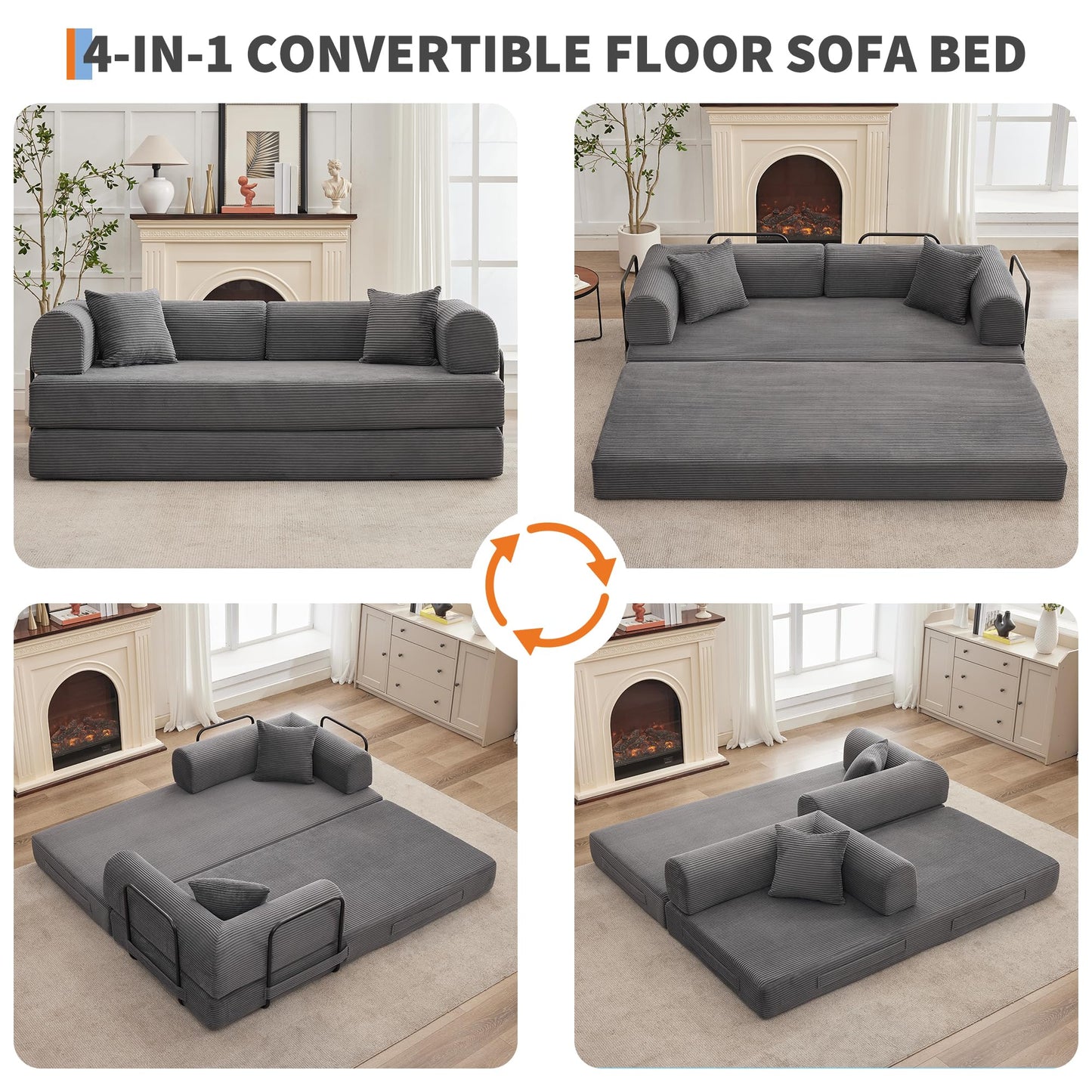 IDEALHOUSE 4 in 1 Convertible Sleeper Sofa Bed Couch, 79 Inch Boneless Corduroy Floor Couch with Pillows, No Assembly, Modern Deep Seat Sofa Futon Mattress for Living Room,Apartment,Gray