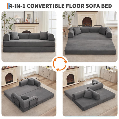IDEALHOUSE 4 in 1 Convertible Sleeper Sofa Bed Couch, 79 Inch Boneless Corduroy Floor Couch with Pillows, No Assembly, Modern Deep Seat Sofa Futon Mattress for Living Room,Apartment,Gray