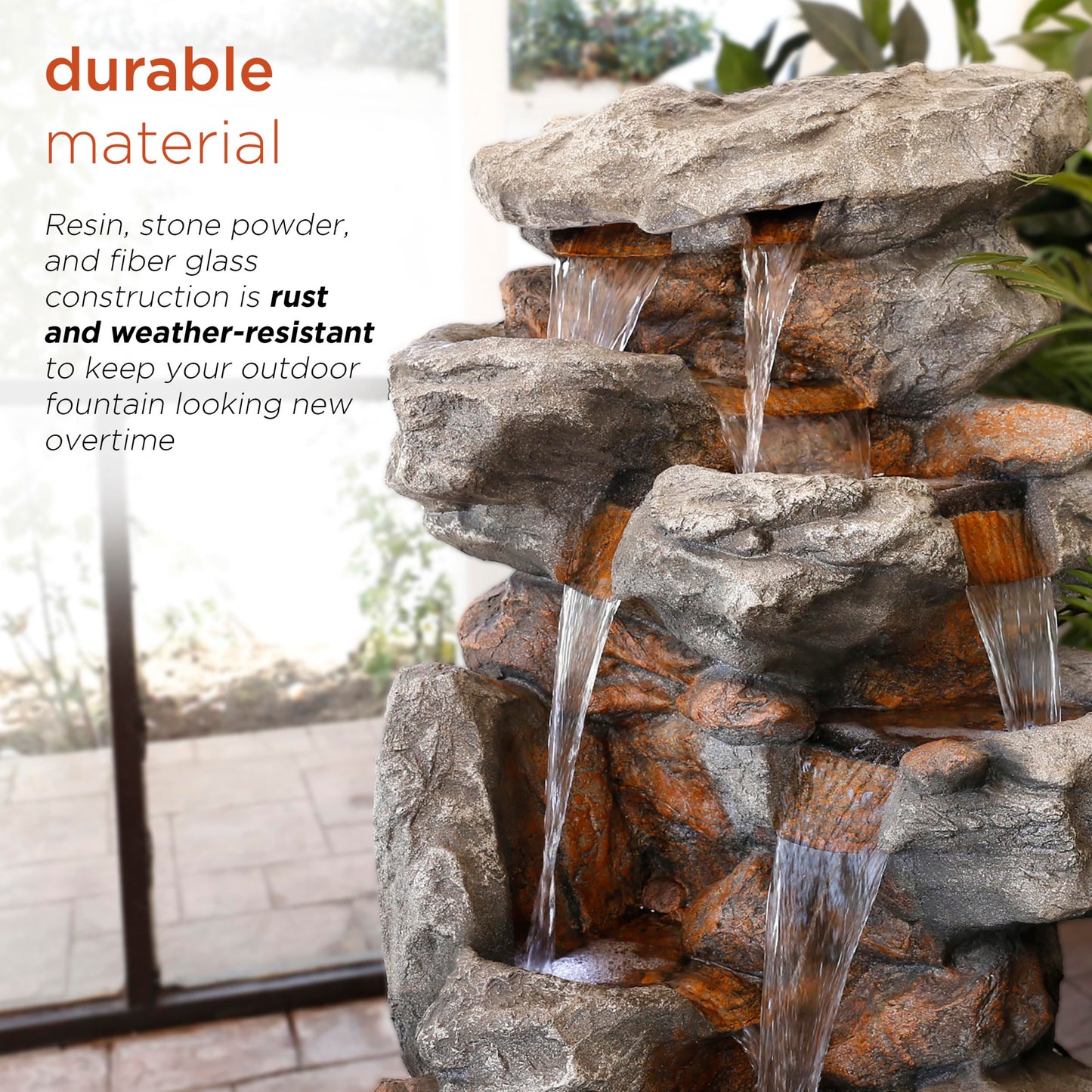 Alpine Corporation WIN730 Outdoor Floor Tiered Rock Waterfall Fountain with LED Lights and Natural Stone Look, 52", Brown