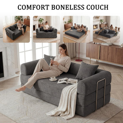 HouseMila 59" Boneless Couch,4-in-1 Futon Sofa Bed Modular Loveseat Sleeper Folding Compressed Couch with Pillows,No Assembly Required Convertible Sofa Bed for Living Room Bedroom Guest Room,Grey