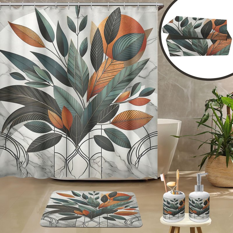 Ambesonne Boho Bathroom Decor Set 4 Pcs, Shower Curtain Bath Mat Soap Dispenser Toothbrush Holder in a Gift Box Essentials and Accessories, Mid Century Exotic Leaf, Orange Laurel Green Grey