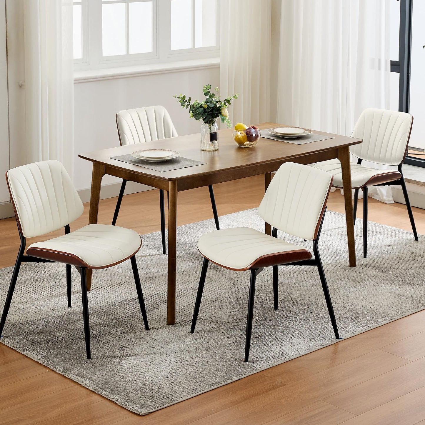 GarveeHome Dining Chairs Set of 6, Mid-Century Modern PU Leather Upholstered Accent Chairs with Shell Strips, Dining Room and Kitchen Chairs with Walnut Wood and Metal Legs, White