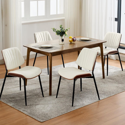 GarveeHome Dining Chairs Set of 6, Mid-Century Modern PU Leather Upholstered Accent Chairs with Shell Strips, Dining Room and Kitchen Chairs with Walnut Wood and Metal Legs, White