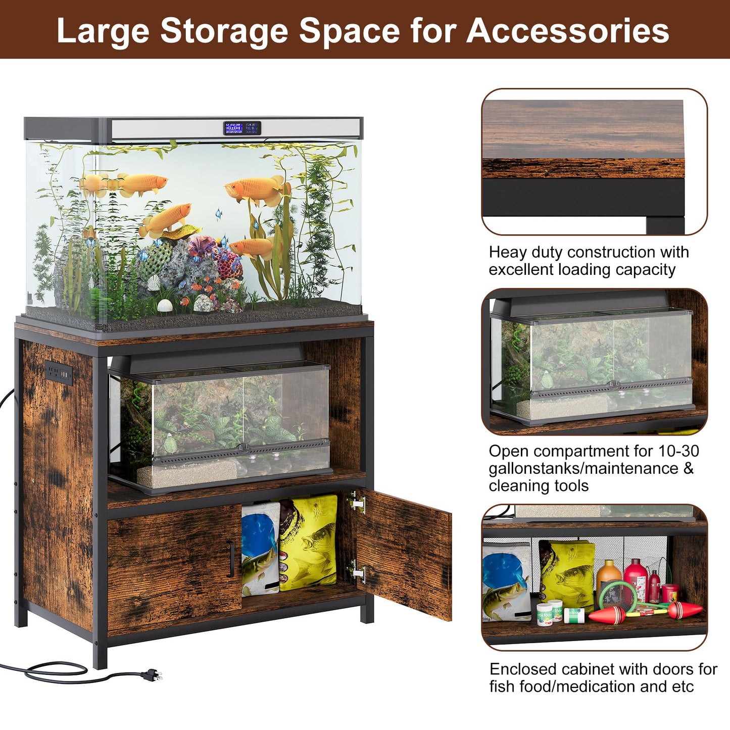 TQVAI 50-75 Gallon Fish Tank Stand with Power Outlets, Heavy Duty Aquarium Stand with Cabinet Storage Fish Tank Accessories, Large Reptile Terrarium Tank Stand, Black/Vintage