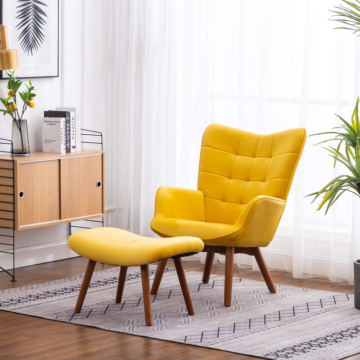 Roundhill Furniture Leiria Contemporary Silky Velvet Tufted Accent Chair with Ottoman, Yellow