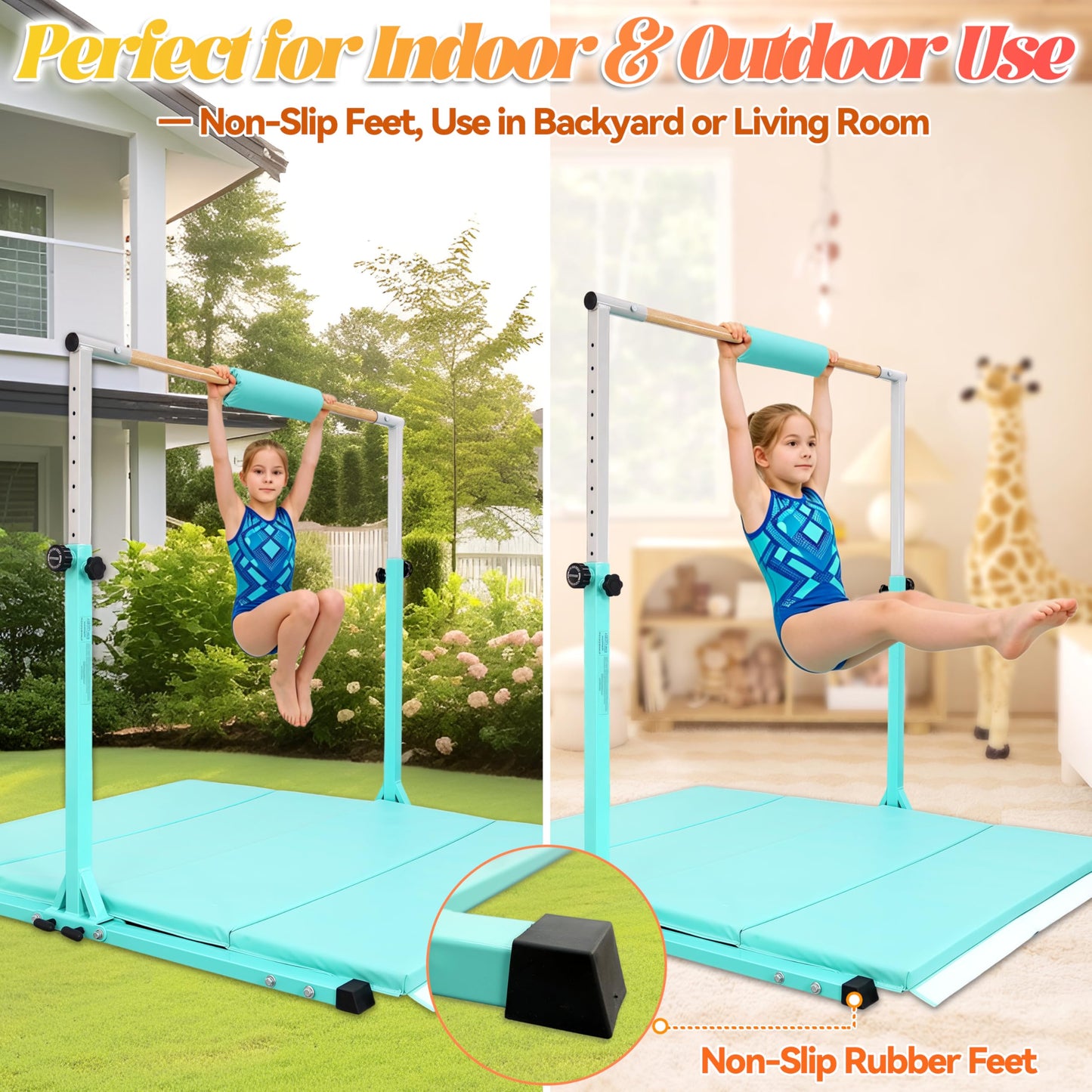 Seliyoo Foldable Kids Gymnastics Horizontal Bar for Ages 3-18, 5FT/6FT Kip Training Bar, Adjustable Height 35"-59", 400 LBS Capacity, Home Gymnastics Equipment for Kids & Teens