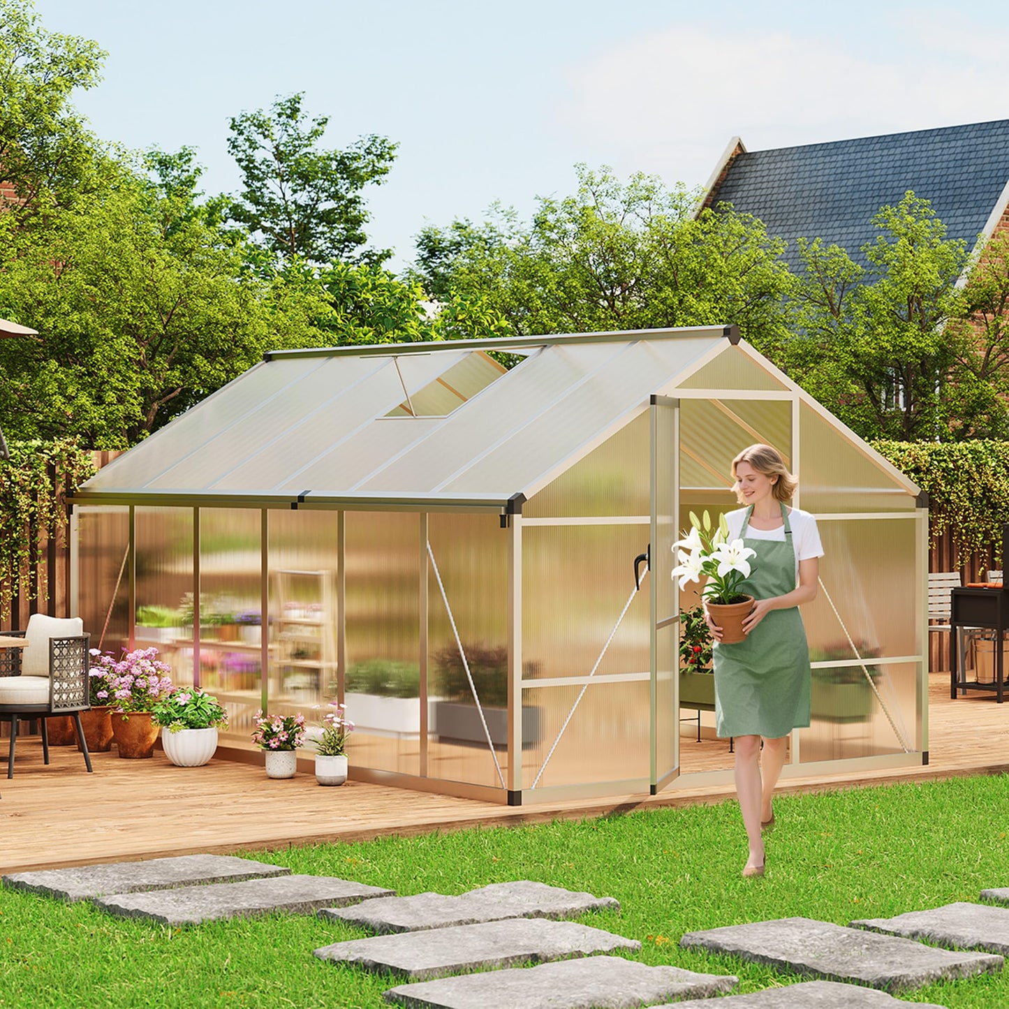 IDEALHOUSE 8×12 FT Greenhouse, Large Walk in Greenhouses for Outdoors and Garden Planting, Polycarbonate Greenhouse with Enhanced Aluminum Frame, Green Houses with Quick Setup Structure and Roof Vent