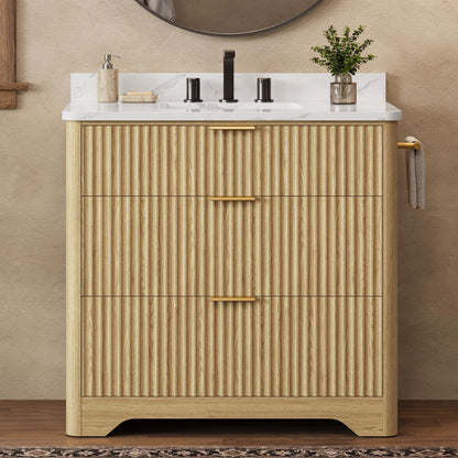 IRONCK 36 inch Bathroom Vanity with Ceramic Sink, Freestanding Wood Grain Sink Cabinet with 3 Storage Drawers (2 Standard + 1 Flip-Down), Farmhouse
