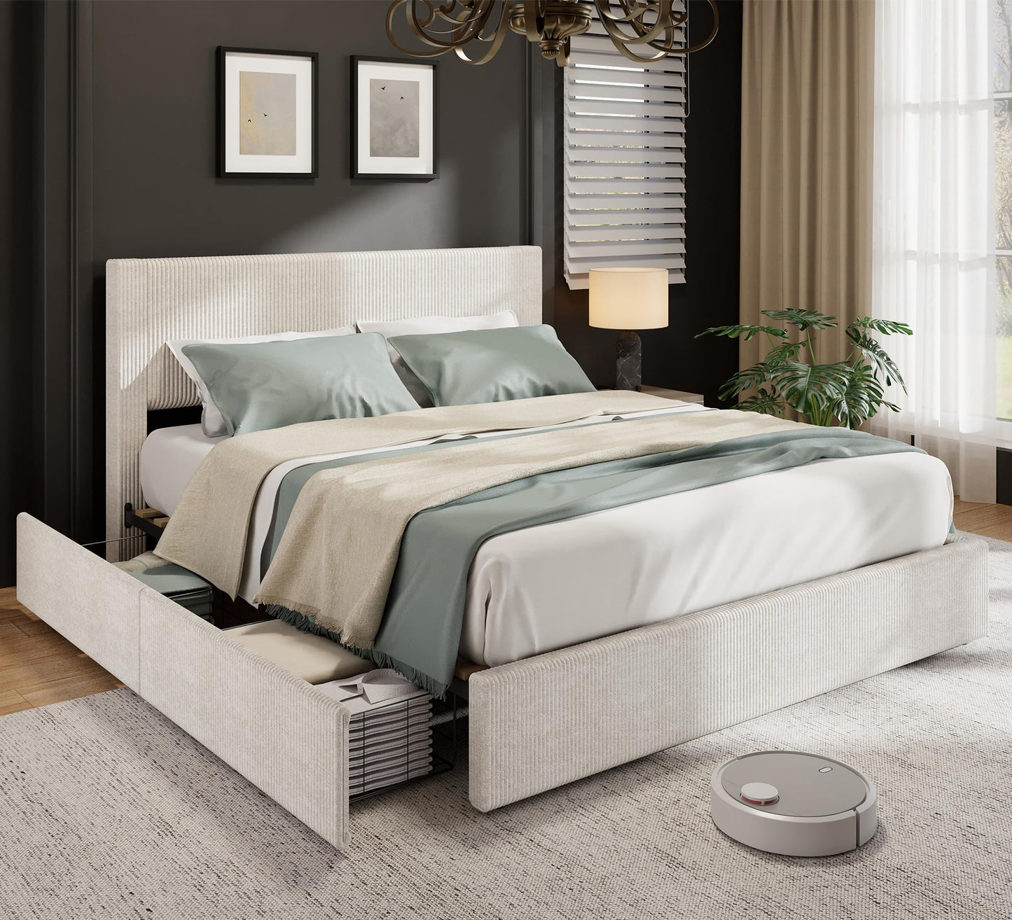 IDEALHOUSE King Size Bed Frame with Tall Tufted Wingback Headboard, Platform Velvet Upholstered King Bed Frame with 4 Storage Drawers and Wooden Slats Support, No Box Spring Needed, Creamy White
