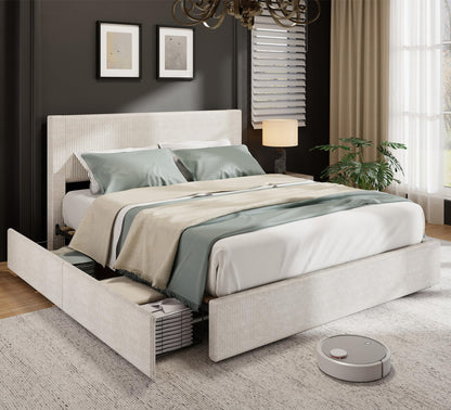 IDEALHOUSE King Size Bed Frame with Tall Tufted Wingback Headboard, Platform Velvet Upholstered King Bed Frame with 4 Storage Drawers and Wooden Slats Support, No Box Spring Needed, Creamy White