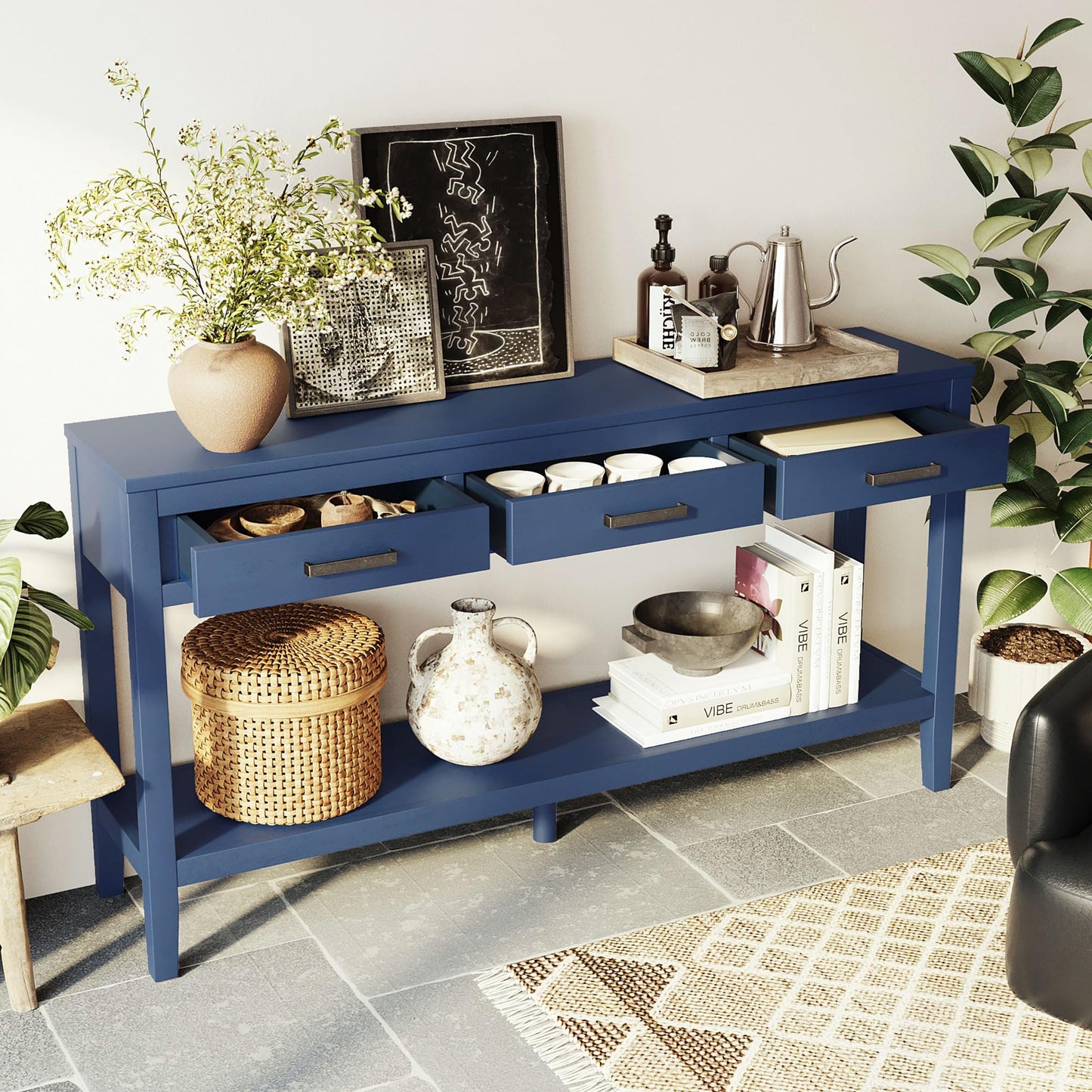 Merax Entryway Console Table, with 3 Storage Drawers, Bottom Shelf Design/Wood Frame/Behind Couch & Sofa, Blue