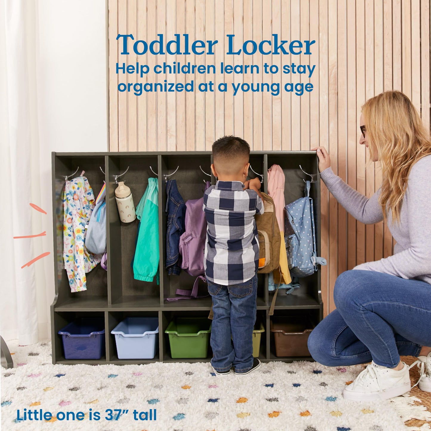 ECR4Kids Streamline 5-Section Toddler Coat Locker with Bench, Classroom Furniture, Grey Wash