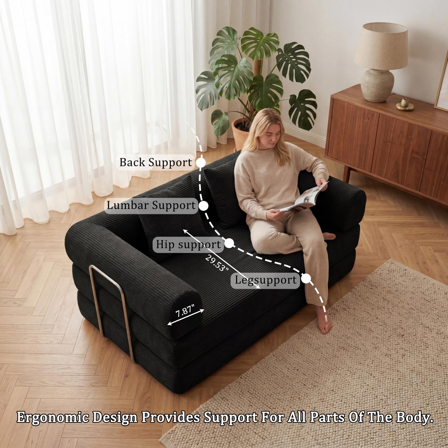 HouseMila 53.15" Boneless Couch,4-in-1 Futon Sofa Bed Modular Loveseat Sleeper Folding Compressed Couch with Pillows,No Assembly Required Convertible Sofa Bed for Living Room Bedroom Guest Room,Black