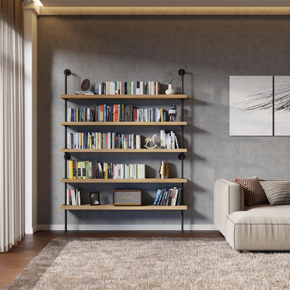 Wallniture 60" Long 5 Shelf Bookcase with 9.25" Deep and 1.5" Thick Real Solid Wood Boards, Standing Bookshelf with Pipe Style Wall Support - 5 Tier - Burnt