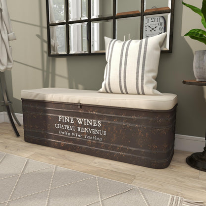 Deco 79 Metal Room Storage Bench Entryway Bench with Cream Burlap Top and Champagne Typography, Bench 48" x 16" x 17", Brown