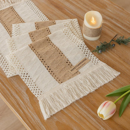 12x60 Inches Keketoarrange Boho Table Runner Cream Beige Brown for Home Decor Farmhouse Small Macrame Woven Burlap