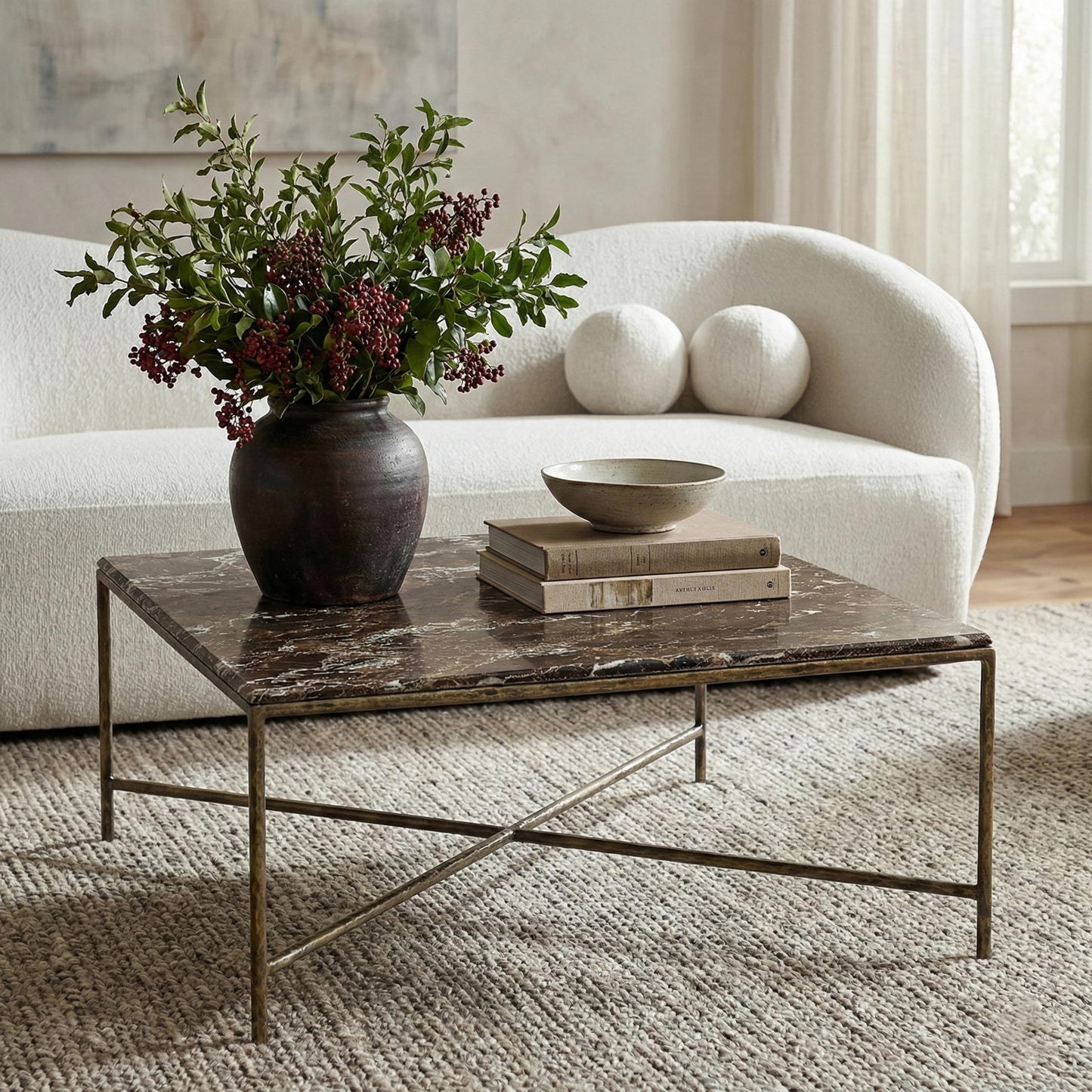 Meridian Furniture 77002Brown-CT Valen Collection Modern | Contemporary Coffee Table with Emperador Marble, Forged Iron Metal Frame, Dark Bronze Finish, 38" W x 38" D x 16" H, Brown/Antique Bronze