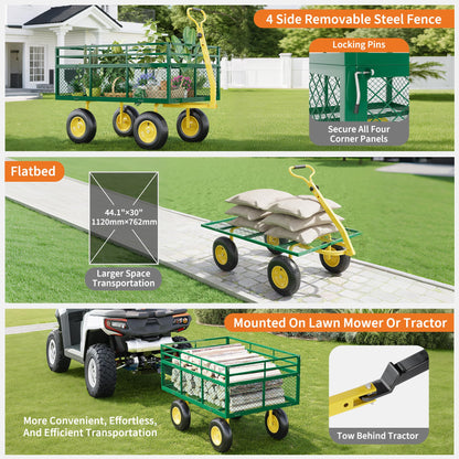 3-in-1 Heavy-Duty Steel Garden Cart, 1400 Lbs Garden Wagon, with 13 Inch All-Terrain Tires and Removable Mesh Side Panels, 180° Rotating Handle, Metal Utility Yard Trailer, Outdoor Gardens Wagon Cart