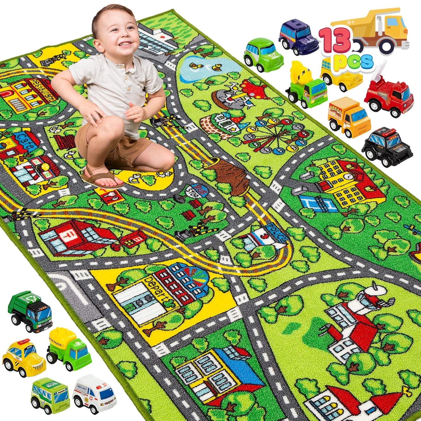 12 Set 3+, JOYIN Carpet Playmat w/ Cars Pull-Back Vehicle for Kids Age Jumbo Play Room Rug, City Pretending Play