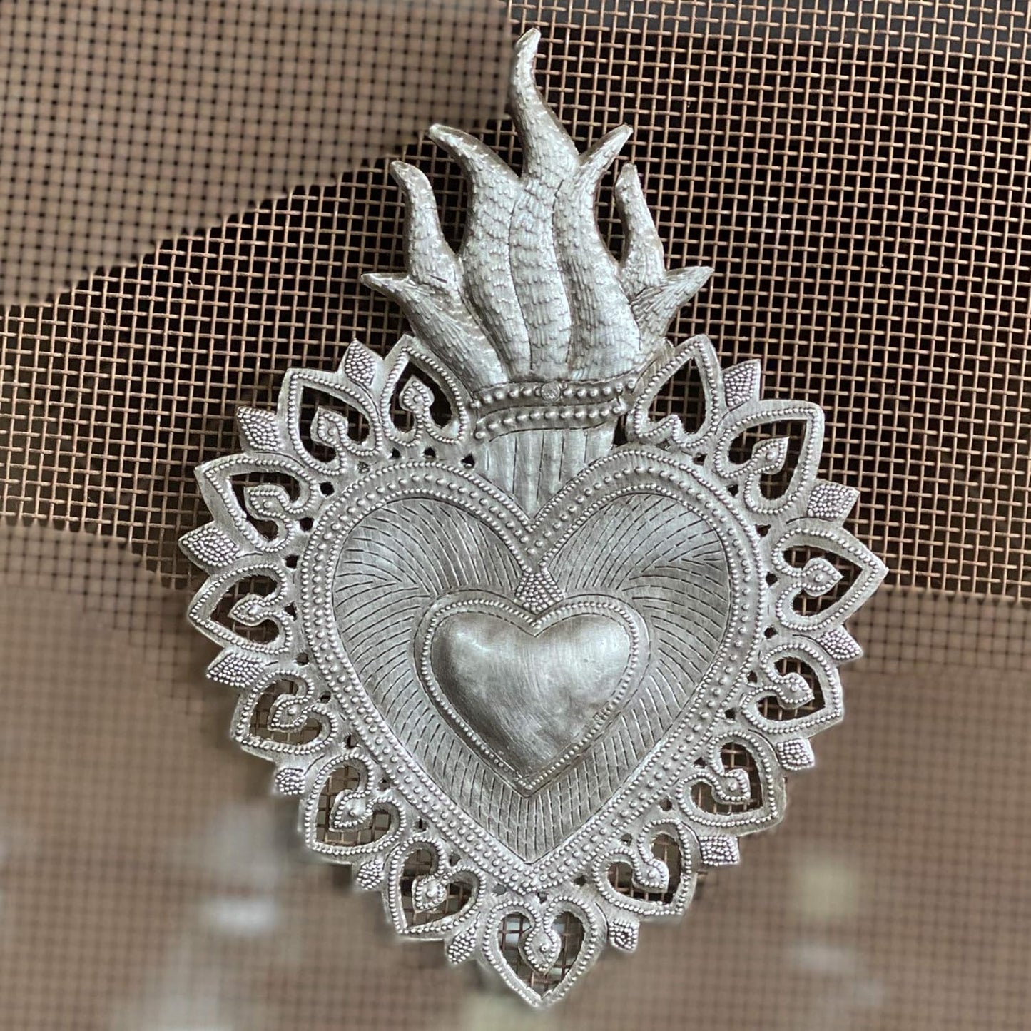 Sacred Heart Flaming Heart Religious Folk Art - Spiritual Home Decor, Haitian Metal Wall Art, 7.25 X 10.25 Inches