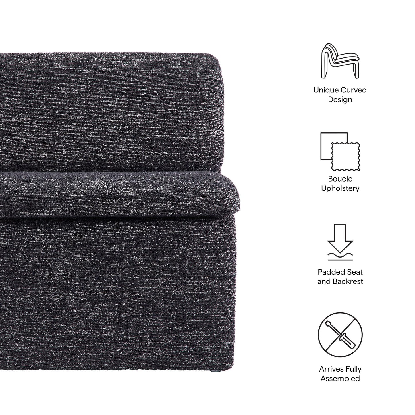Modway Lume Curved Lounge Chair in Charcoal Boucle Fabric – Modern Upholstered Armless Accent Chair with Padded Cushion - Unique Slipper Chair for Bedroom or Living Room