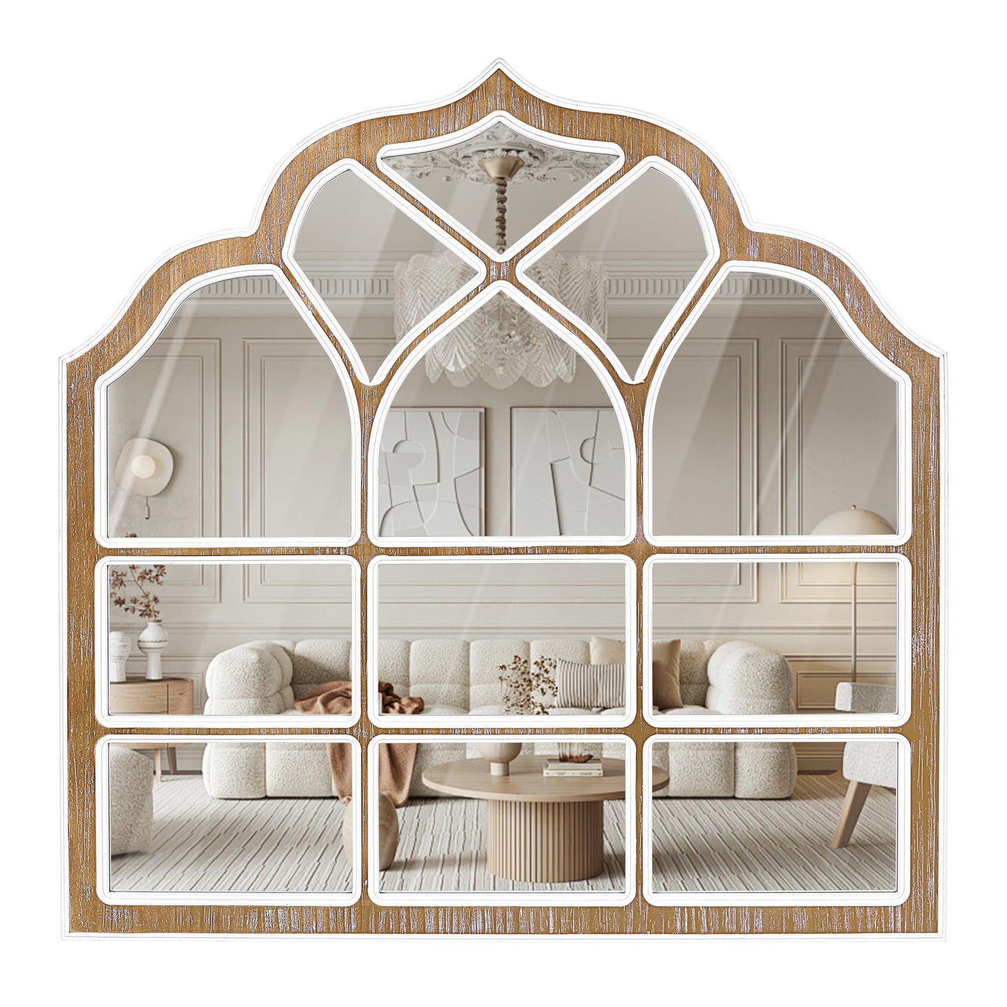 XGGJWW 36x36 Inch Window Pane Wall Mirror, Farmhouse Gothic Arched Mirror, Rustic Decorative Cathedral Mirror for Living Room Entryway Home Decor