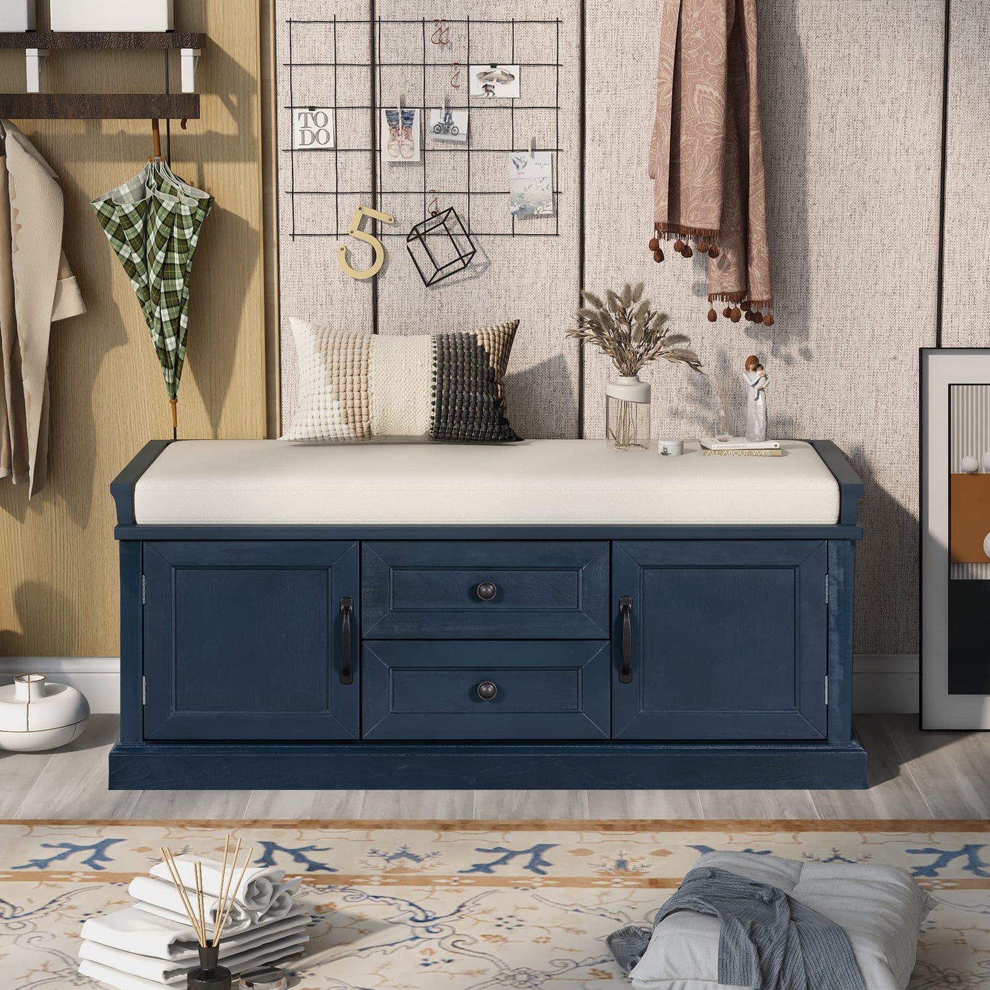 Acosure 42″ Storage Bench with 2 Drawers and 2 Cabinets，Multipurpose Entryway Shoe Rack W/Removable Cushion，for Living Room Hallway Porch,Antique Navy