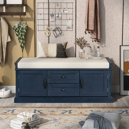 Acosure 42″ Storage Bench with 2 Drawers and 2 Cabinets，Multipurpose Entryway Shoe Rack W/Removable Cushion，for Living Room Hallway Porch,Antique Navy