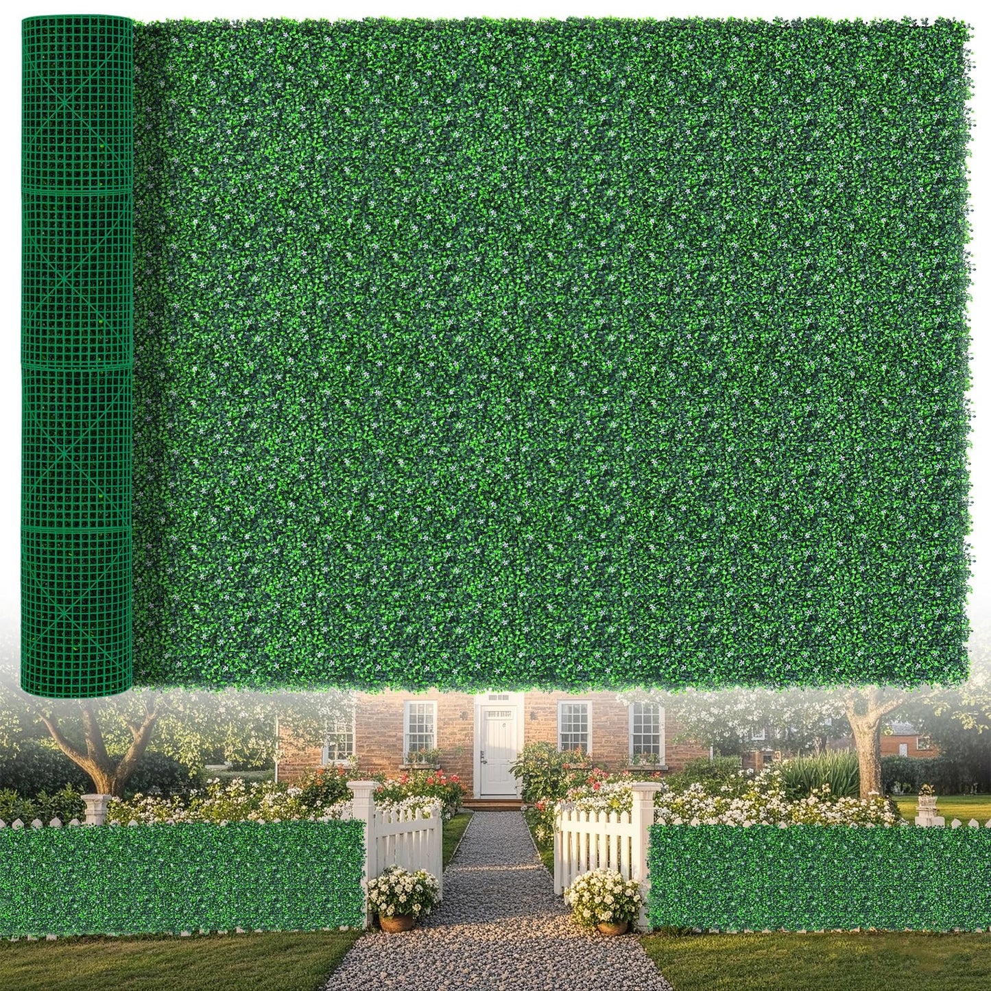 EverNature EverNture 71"x144"(72 SQFT) Grass Wall Panels, Artificial Grass Backdrop, Fake Greenery Plant Boxwood Roll with Flower, Green Wall Decor for Outdoor Indoor Patio Garden Backyard