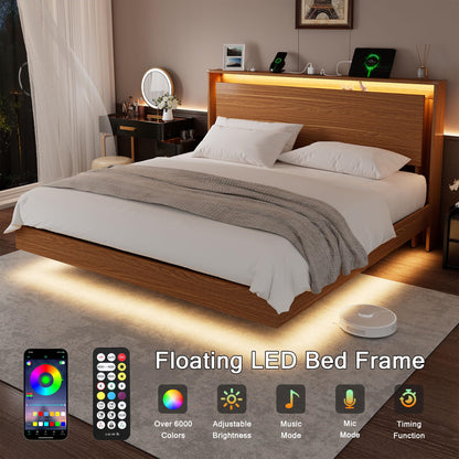 Einhomn King Size Bed Frame with LED Lights & Charging Station – Wood Floating Bed Frame with Storage Headboard, Adhesive Slats, Kick-Free & Noise-Free Design, Easy Assembly, Walnut