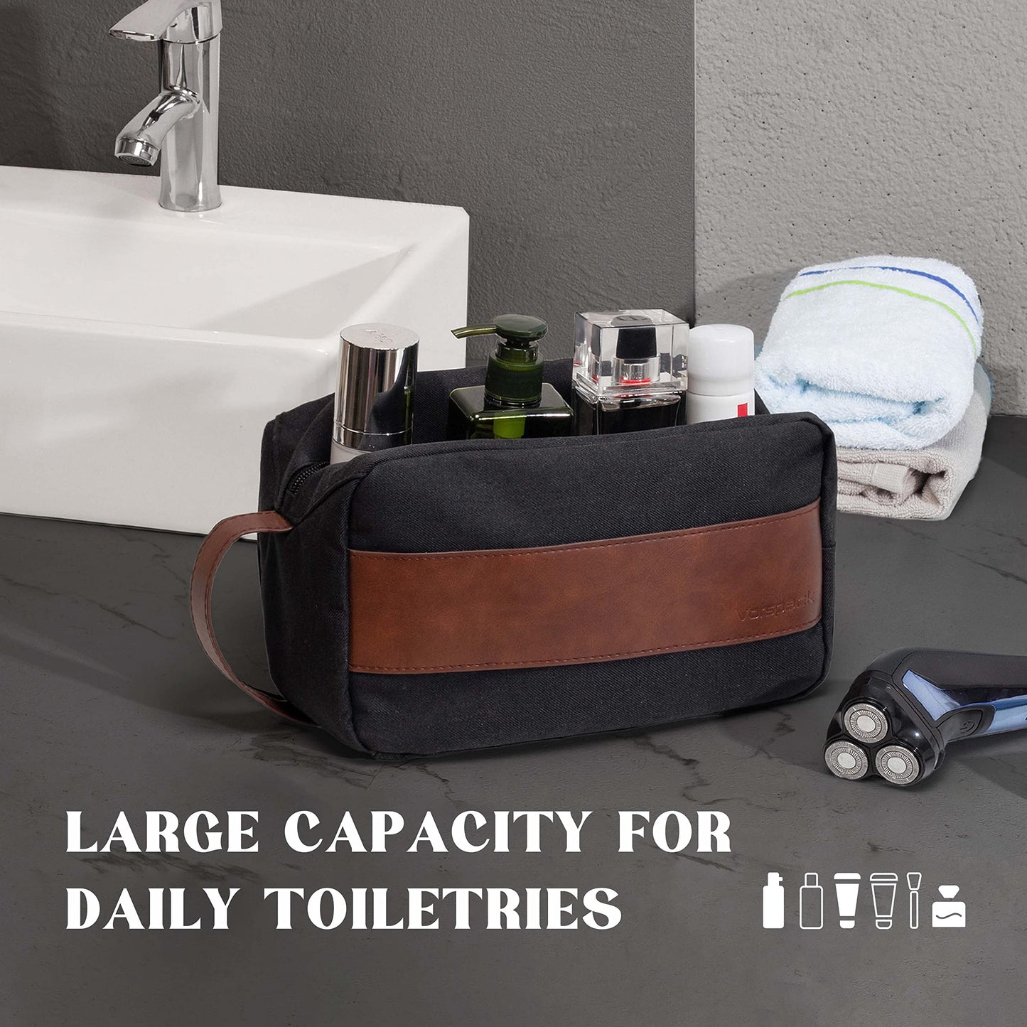 Vorspack Toiletry Bag for Men - Large Dopp Kit for Travel Water Resistant Travel Bag for Toiletries Accessories Lightweight Toiletries Bag - Black