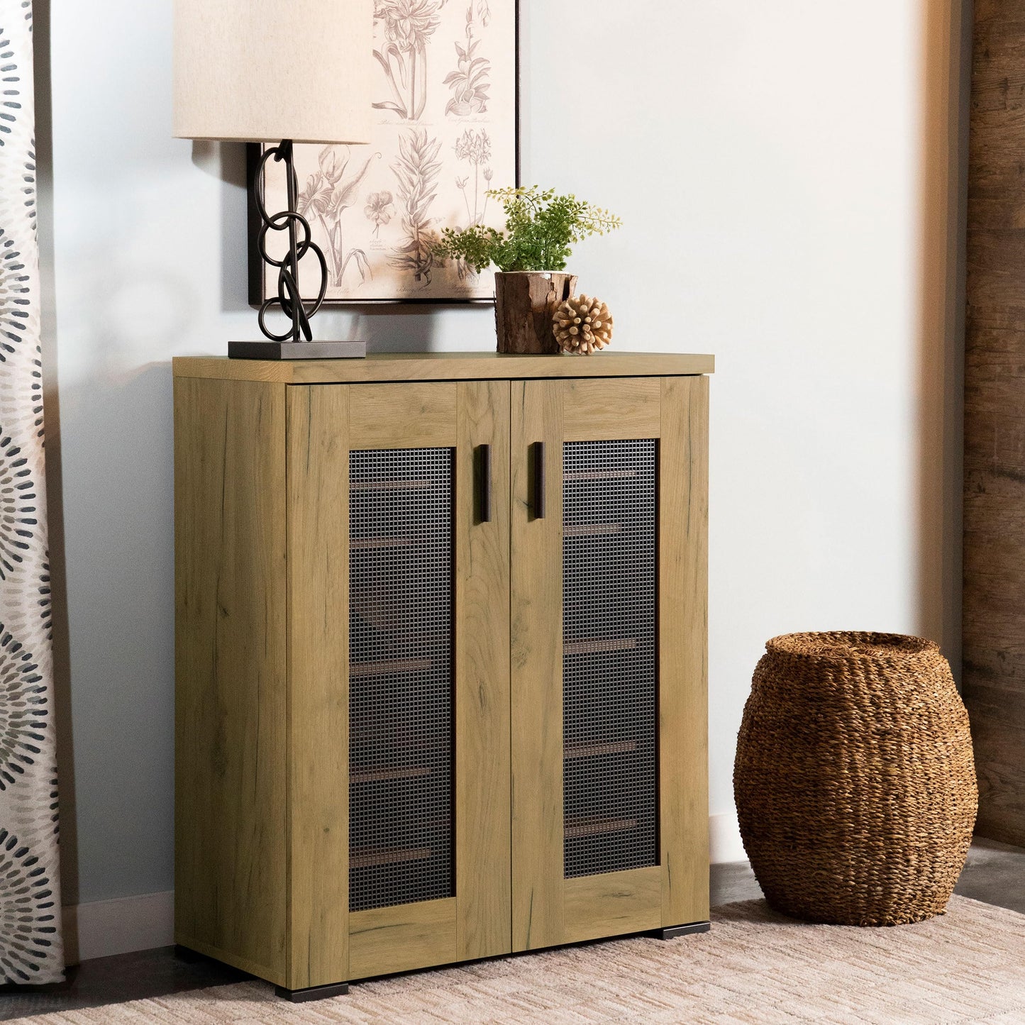 Coaster Home Furnishings - Bristol - Engineered Wood - 6-Shelf Shoe Cabinet with Double Doors, Mesh Panel, and Plastic Glides - Entryway and Mudroom - 31.5-Inch - Golden Oak - 951107