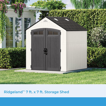 Suncast Ridgeland All-Weather Outdoor 7' x 7' Storage Shed with 327 cu. ft. Capacity, 2 Lockable Double Doors, Windows, Skylights, and Reinforced Resin Floor, Made in The USA