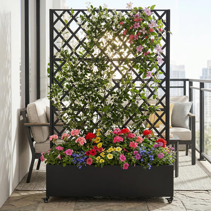 Metal Planter Box with Trellis on Wheels – Large Raised Garden Bed with Privacy Screen & Drainage Holes for Climbing Plants, Vegetables & Vines, Proof Rolling Flower Box for Patio Balcony Backyard
