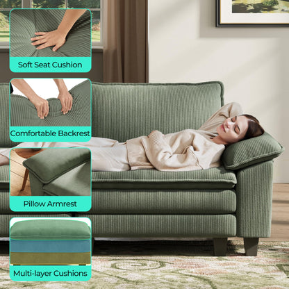 LINSY HOME Modular Sectional Sofa - Oversized Corduroy Cloud Couch with Movable Ottoman Soft Modern Comfy Sofa Set for Living Room Apartment Office, Green