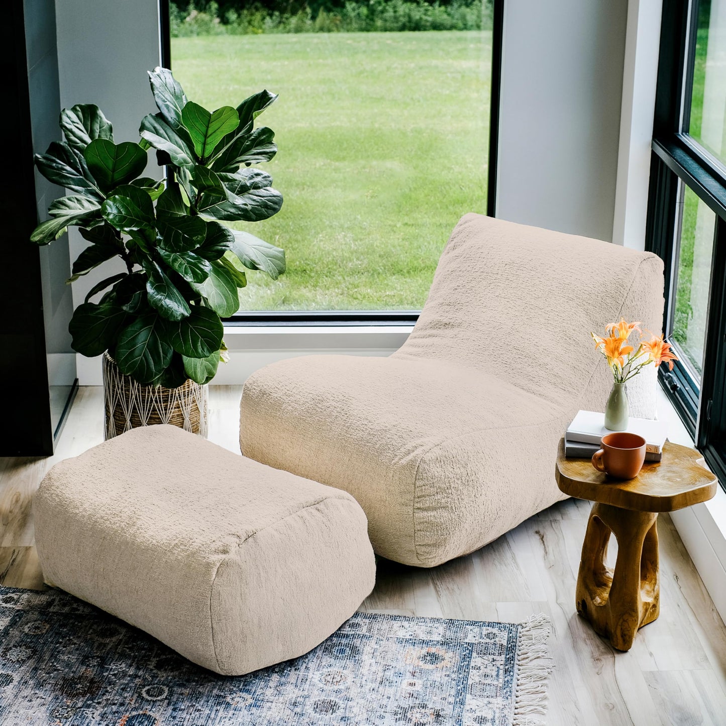 Big Joe Modora Bean Bag Lounger, Living Room and Gaming Seat, Birch Soft Boucle, Chair and Ottoman Set
