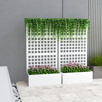 Outsunny Galvanized Raised Garden Bed with Trellis, Metal Planter Box with Drainage Holes, Outdoor Privacy Screen for Climbing Plants, Vegetable, Vines, 35" x 16" x 70", 2 Pack, White