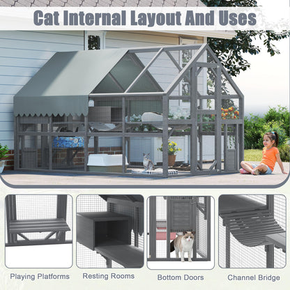 KEIKI 110" Large Outdoor Cat Enclosure for Multiple Cats, Weatherproof Wooden Catio with 7 Platforms, 2 Resting Boxes, 2 Bridges & Canopy, Secure Outdoor Cat House, Gray
