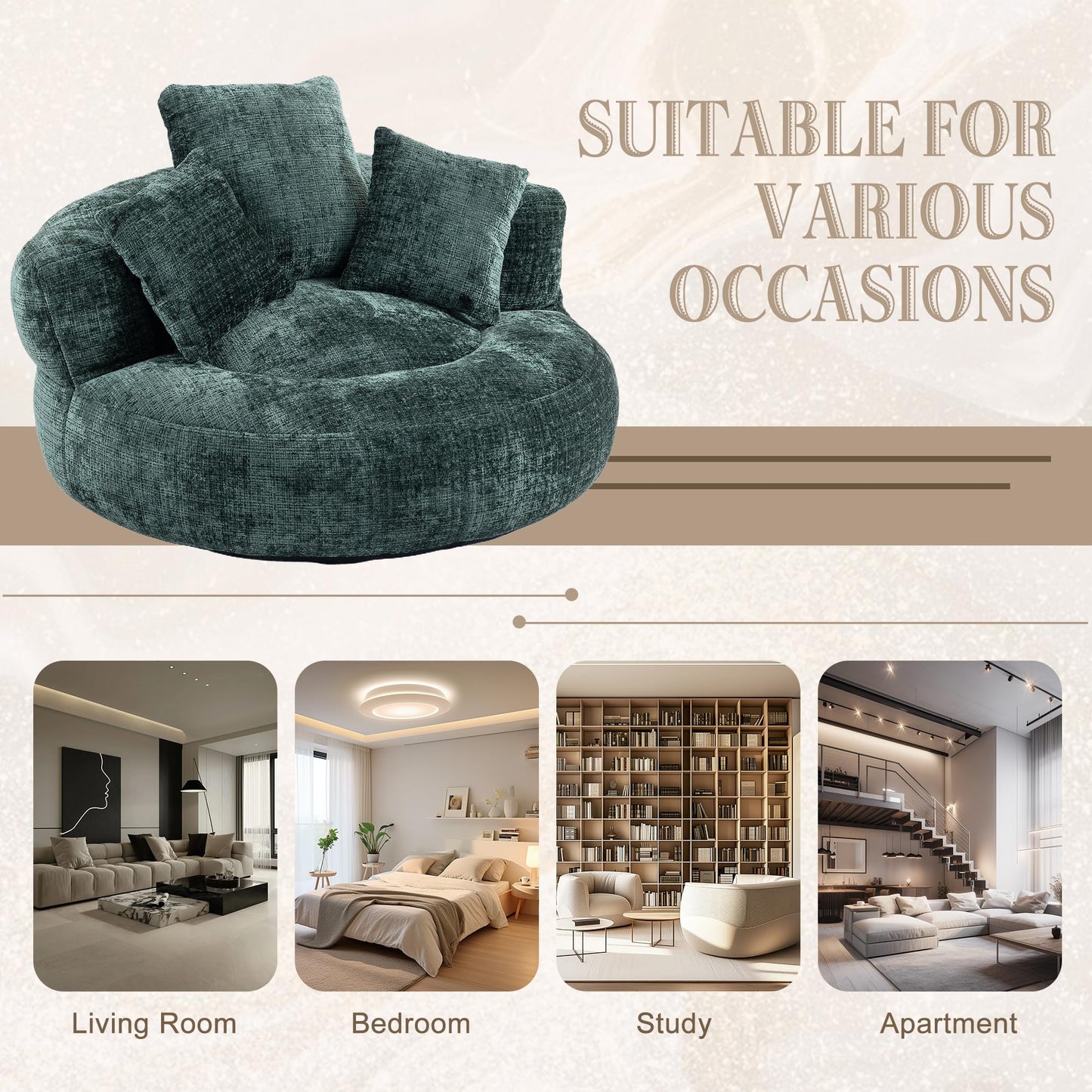 Oversized Lazy Sofa Bean Bag Chair with High Back and 3 Pillows, Chenille Fabric Comfy Lounger for Adults & Kids, Single Floor Gaming Sofa Chair for Bedroom, Living Room, or Office (Emerald)