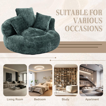 Oversized Lazy Sofa Bean Bag Chair with High Back and 3 Pillows, Chenille Fabric Comfy Lounger for Adults & Kids, Single Floor Gaming Sofa Chair for Bedroom, Living Room, or Office (Emerald)